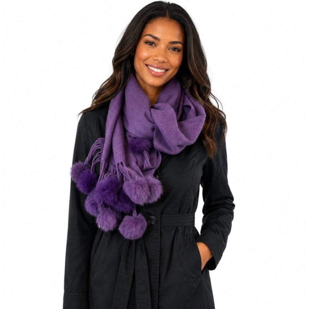 BYTU Purple 100% Wool Scarf Fur Pom Pom Fringe Trim Solid Winter Wrap Chic 67-03